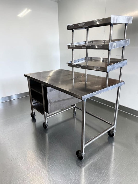 Pristine Condition – Commercial Stainless Steel Work Table – 60" x 34" – With Over Shelf, Under Table Racks & Casters - Ready for Immediate Use!