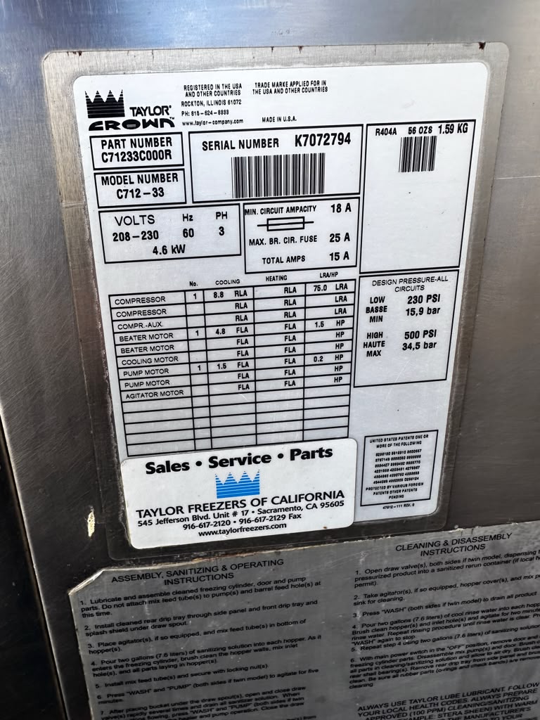 Prime Condition – Taylor C712-33 – Twin-Twist Commercial Soft Serve Freezer – Two Flavors plus Twist – Pump-Fed – 208–230V – Fully Tested & Operational!