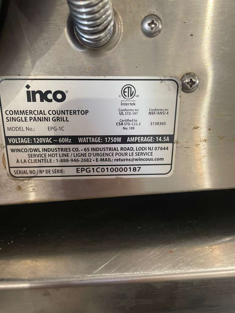 Immaculate Condition – Winco Commercial Countertop Single Panini Grill – 120V – Fully Tested & Working!
