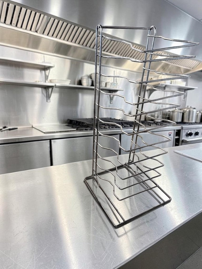 Superior Condition – Commercial Countertop Pizza Pan Stand – 10-Slot Stainless Steel Rack – Space-Saving Vertical Design – Ready for Immediate Use!