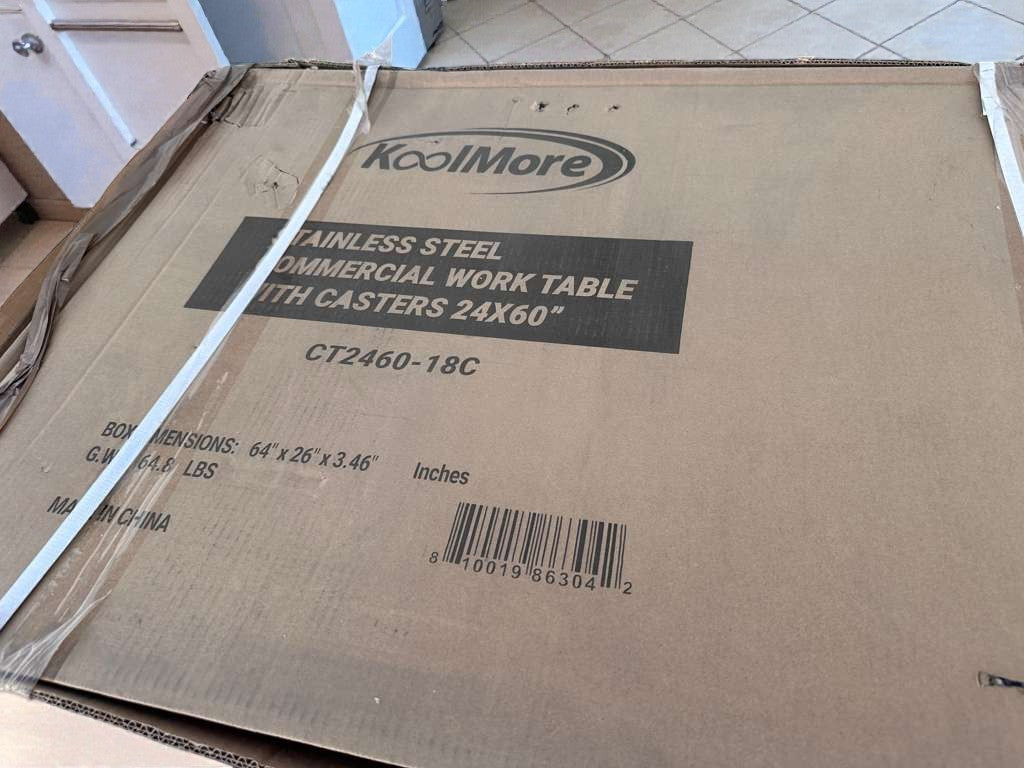 Brand New Premium Condition – KoolMore CT2460-18C – Stainless Steel Commercial Work Table with Casters – 24" x 60" – NSF Certified – New in Original Box