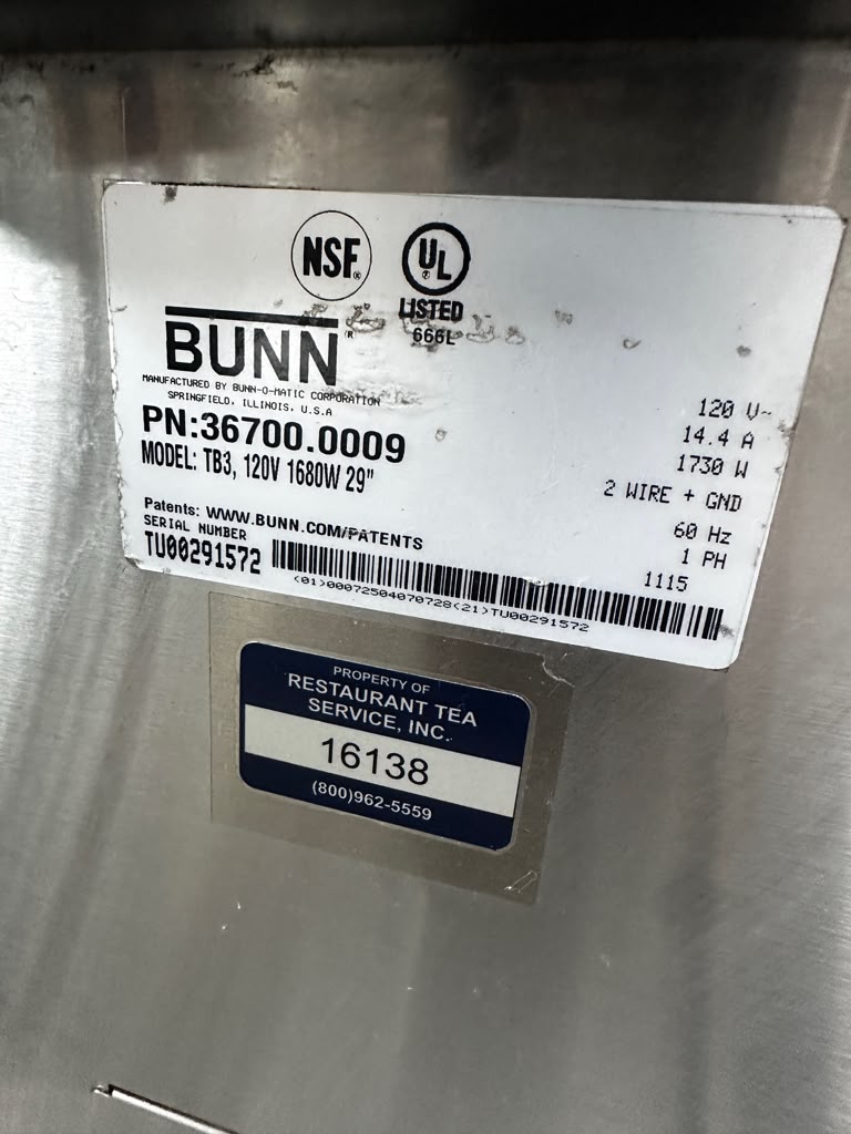 Optimal Condition – BUNN TB3 36700.0009 – 3-Gallon Commercial Iced Tea Brewer with 29" Trunk – 120V – NSF & UL Listed – Fully Tested & Operational!