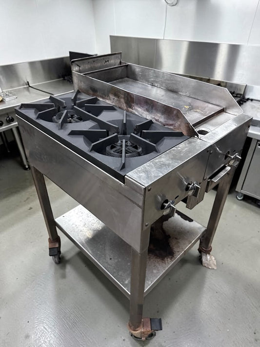 Outstanding Condition – Commercial 24” Portable Propane Cooktop – Two 12” Open Flame Burners + 12” Iron Griddle – Stainless Steel Stand – Fully Tested & Operational!