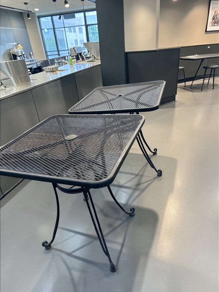 Outstanding Condition – Commercial Outdoor Metal Patio Table – 32” Square Mesh Top – Umbrella Hole – Heavy-Duty Construction – Fully Inspected & Ready for Use!