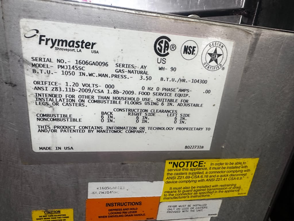 Prime Condition – Frymaster PMJ145SC – 16″ Natural-Gas Floor Fryer – 40–50 lb Oil Capacity – 104,300 BTU – Fully Tested & Operational!