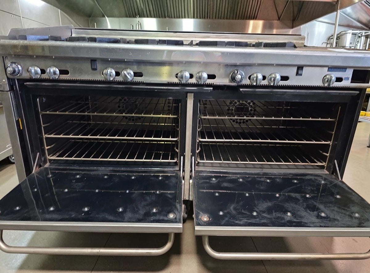 Outstanding Condition - Montague Grizzly 60" - Commercial Gas Range - 8 Open Burners + Raised Griddle - Double Convection Ovens - Fully Tested & Operational!