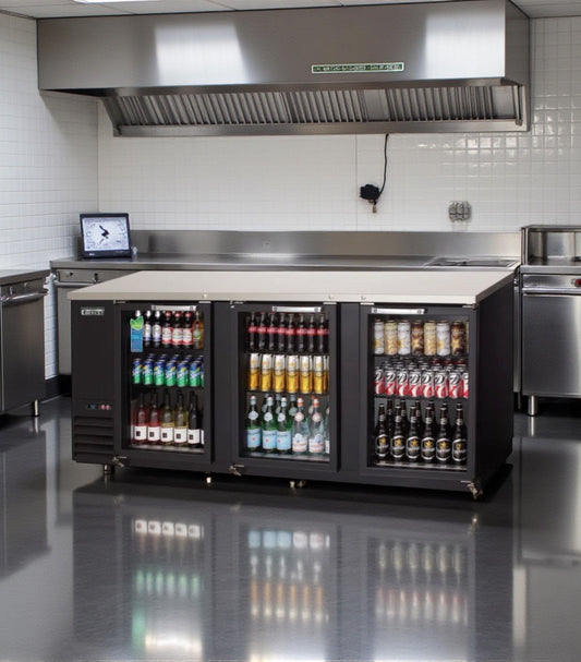 Elite Condition – Everest EBB90G – 89 1/4" Commercial Back Bar Refrigerator – 3 Swinging Glass Doors – Black – 115V – ETL / NSF Listed – Fully Tested & Operational!