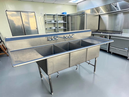 Pristine Condition – GSW SH20283D – 100-3/8" Three-Compartment Commercial Sink – Dual 20" Drainboards – 16-Gauge Stainless Steel – NSF & ETL Certified – Fully Tested & Operational!