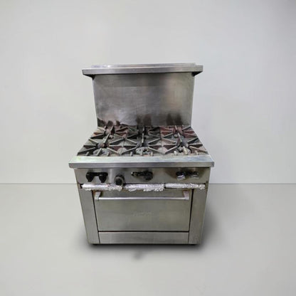 Well-Maintained Condition – SunFire X36-6B – Commercial 36" Gas Range – 6 Open Burners – Standard Oven – Stainless Steel – 2 Oven Racks – Casters – Fully Tested & Operational!