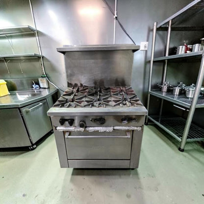 Well-Maintained Condition – SunFire X36-6B – Commercial 36" Gas Range – 6 Open Burners – Standard Oven – Stainless Steel – 2 Oven Racks – Casters – Fully Tested & Operational!