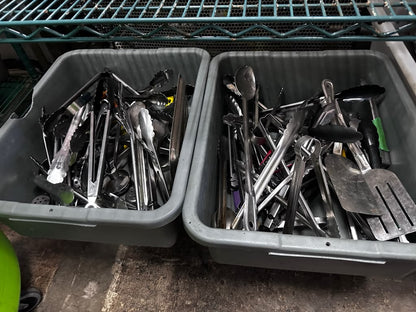 Well-Maintained Condition – Mixed Commercial Kitchen Utensil Lot – Two Containers with Tongs, Spatulas, Ladles & Serving Tools – Ready for Restaurant Use!