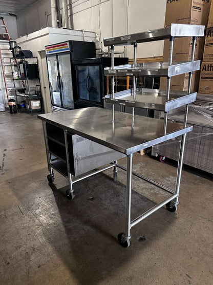 High-Quality Condition – Stainless Steel Commercial Work Table with Multi-Tier Overshelf – Approx. 60" x 36" – Mobile Prep / Service Table – Fully Inspected & Ready for Use!
