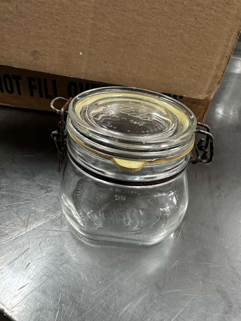 Pristine Condition – Bormioli Rocco Fido 1/2 Liter Glass Jar Set – Airtight Clamp Lid – Made in Italy – One Box – Ready for Use!