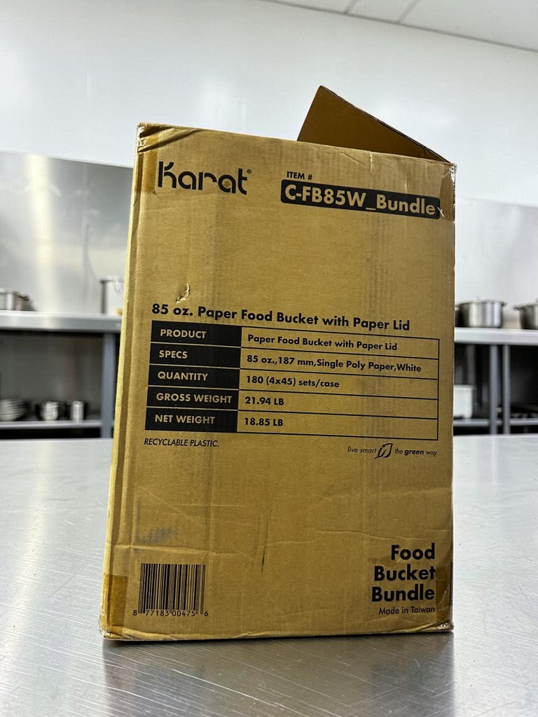 Elite Condition – Karat C-FB85W_Bundle – 85 oz. White Paper Food Buckets with Matching Paper Lids – 187 mm – 180 Sets per Case – New/Open Case!