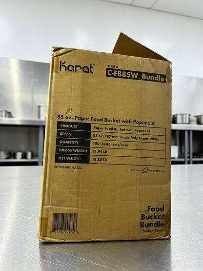 Elite Condition – Karat C-FB85W_Bundle – 85 oz. White Paper Food Buckets with Matching Paper Lids – 187 mm – 180 Sets per Case – New/Open Case!