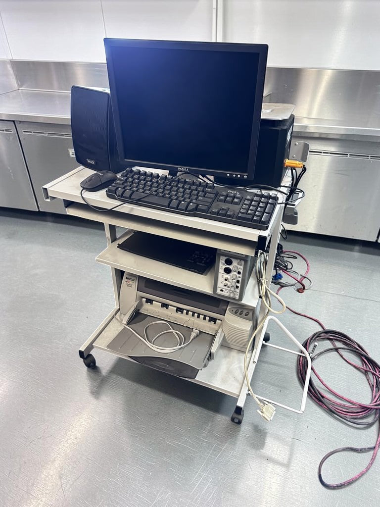 Optimal Condition – Complete Mobile Computer Workstation Bundle – Dell Monitor, Desktop Computer, Keyboard, Mouse, Printer, Speakers & Rolling Equipment Cart – Fully Tested & Operational!