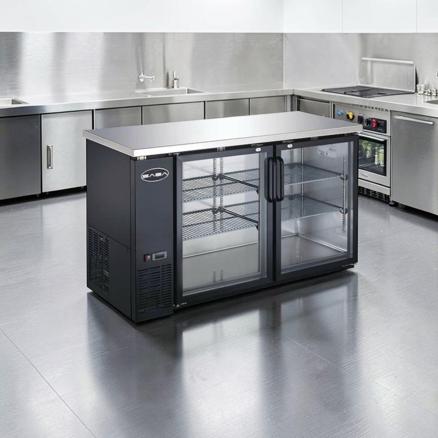 Superior Condition – SABA 60” Commercial Back Bar Cooler Refrigerator – Glass Doors – 15.8 Cu. Ft. – Stainless Steel – Fully Tested & Operational!