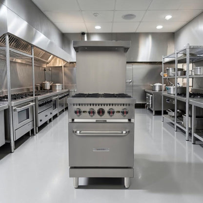 Dependable Condition – Kintera KR4 – 24" Commercial Natural Gas Range – Four 30,000 BTU Open Burners – Standard Oven – 150,000 Total BTU – Fully Tested & Operational!