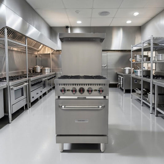 Dependable Condition – Kintera KR4 – 24" Commercial Natural Gas Range – Four 30,000 BTU Open Burners – Standard Oven – 150,000 Total BTU – Fully Tested & Operational!