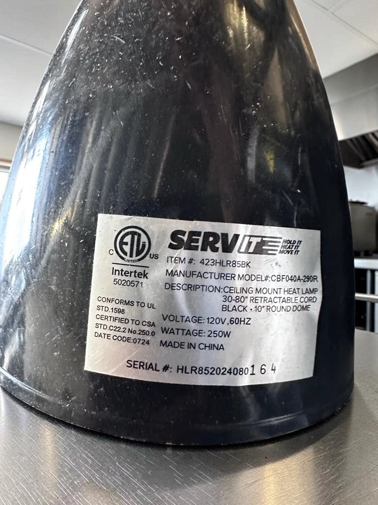 Superb Condition – ServIt HLR85BK – Retractable-Cord Ceiling-Mount Heat Lamps – Black 11¼-Inch Round Dome – 120V, 250W – Qty. 2 – Fully Tested & Operational!