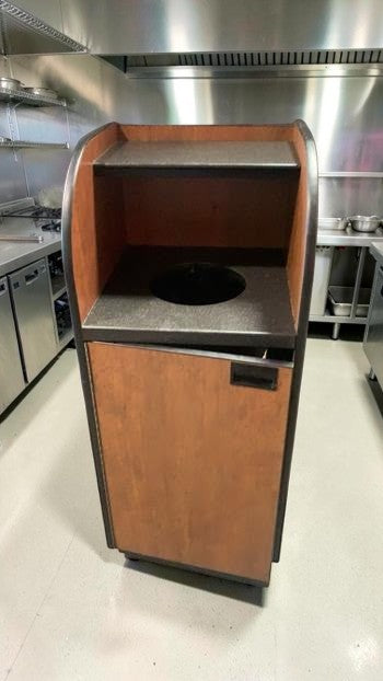 Excellent Condition – Curved Series Commercial Waste Receptacle – Front-Load Wood Laminate Cabinet – Top Shelf – Interior Bin – 20" x 20" x 48" – Ready for Commercial Use!