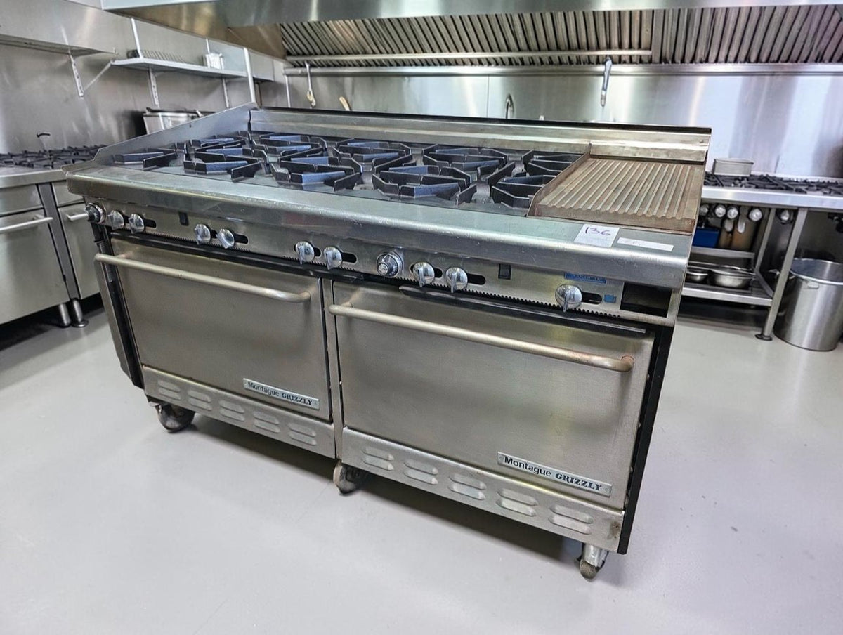 Outstanding Condition - Montague Grizzly 60" - Commercial Gas Range - 8 Open Burners + Raised Griddle - Double Convection Ovens - Fully Tested & Operational!