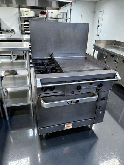 Superior Condition – Vulcan 36C-2B24GTN – Endurance 36" Natural Gas Range – 2 Burners – 24" Thermostatic Griddle – Convection Oven Base – 135,000 BTU – NSF / CSA Listed – Fully Tested & Operational!