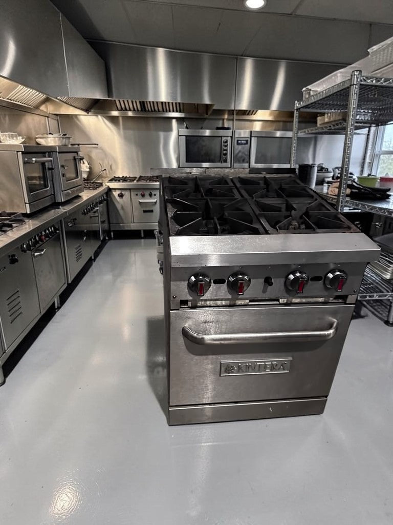 Dependable Condition – Kintera KR4 – 24" Commercial Natural Gas Range – Four 30,000 BTU Open Burners – Standard Oven – 150,000 Total BTU – Fully Tested & Operational!