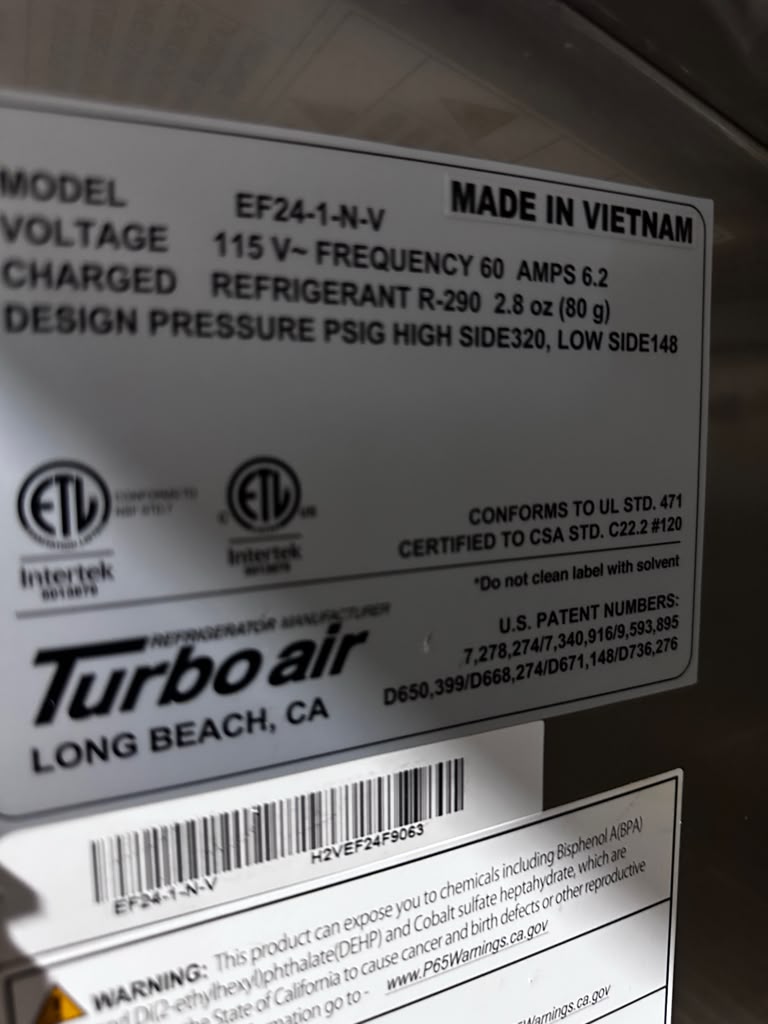Excellent Condition – Turbo Air EF24-1-N-V – E-Line One-Section Reach-In Freezer – 21.9 Cu. Ft. – R290 – 115V – Fully Tested & Operational!