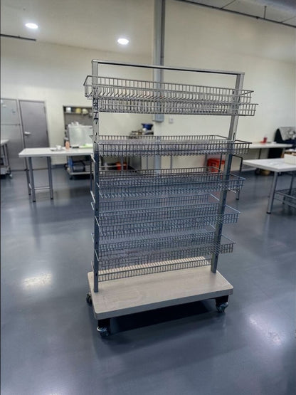 Superior Condition – Commercial Rolling Wire Display Rack – Multi-Tier Retail Shelving – Heavy-Duty Construction – Fully Inspected & Ready for Use!