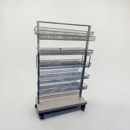Superior Condition – Commercial Rolling Wire Display Rack – Multi-Tier Retail Shelving – Heavy-Duty Construction – Fully Inspected & Ready for Use!