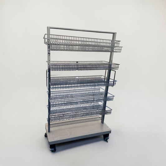 Superior Condition – Commercial Rolling Wire Display Rack – Multi-Tier Retail Shelving – Heavy-Duty Construction – Fully Inspected & Ready for Use!
