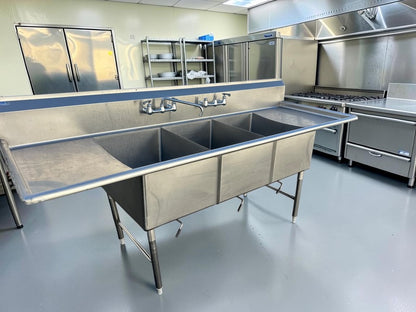 Pristine Condition – GSW SH20283D – 100-3/8" Three-Compartment Commercial Sink – Dual 20" Drainboards – 16-Gauge Stainless Steel – NSF & ETL Certified – Fully Tested & Operational!