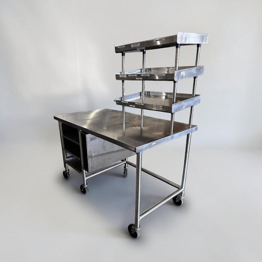 Pristine Condition – Commercial Stainless Steel Work Table – 60" x 34" – With Over Shelf, Under Table Racks & Casters - Ready for Immediate Use!