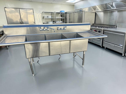 Pristine Condition – GSW SH20283D – 100-3/8" Three-Compartment Commercial Sink – Dual 20" Drainboards – 16-Gauge Stainless Steel – NSF & ETL Certified – Fully Tested & Operational!