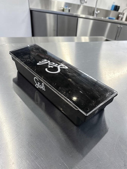 Excellent Condition – Stoli Bar Condiment Caddy – Black Plastic Garnish Tray with Clear Lid – 6-Compartment Bar Organizer – Fully Inspected & Ready for Use!