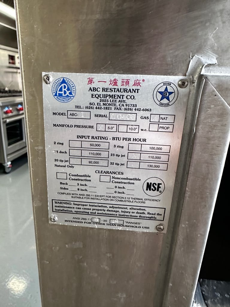 Outstanding Condition – ABC Restaurant Equipment ABC-1 – Commercial Single-Hole Chinese Wok Range – 23-Tip Jet Burner – 110,000 BTU – Natural Gas – NSF Certified – Fully Tested & Operational!