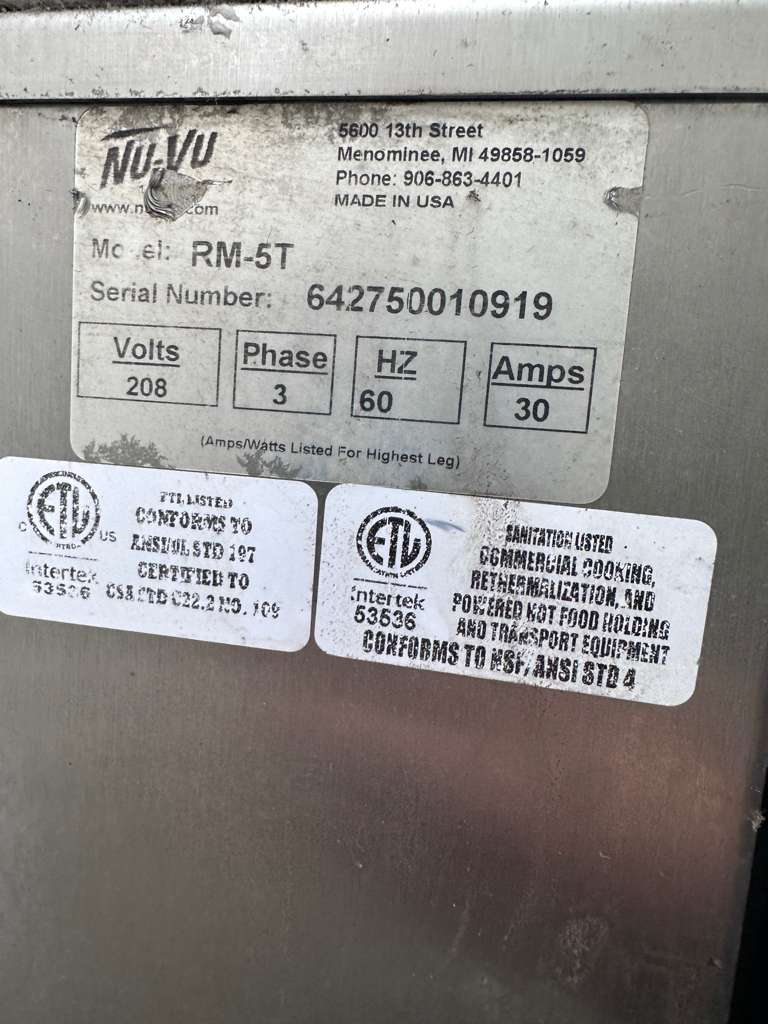 Premium Condition – Nu-Vu RM-5T Commercial Rethermalization Oven – 208V / 3 Phase – ETL & NSF Listed – Fully Tested & Operational!