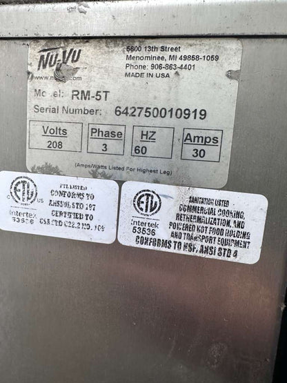 Premium Condition – Nu-Vu RM-5T Commercial Rethermalization Oven – 208V / 3 Phase – ETL & NSF Listed – Fully Tested & Operational!
