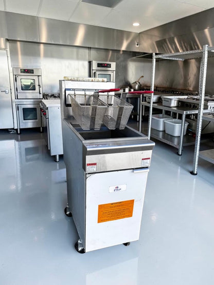 Dependable Condition – Cooler Depot HFRF-120B-NG – Commercial 50 lb. Natural Gas Floor Fryer – Four Burners – 120,000 BTU – Twin Baskets – ETL & NSF Certified – Fully Tested & Operational!