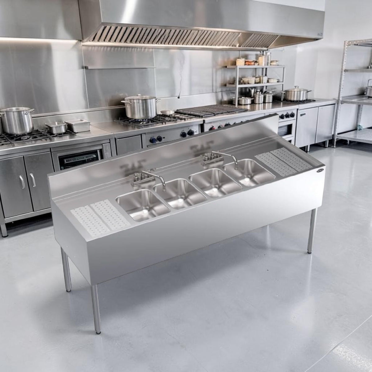Outstanding Condition – Krowne KR24-64C – Royal Series 72" Four-Compartment Underbar Sink – Dual Drainboards – Stainless Steel – NSF Certified – Ready for Commercial Use!