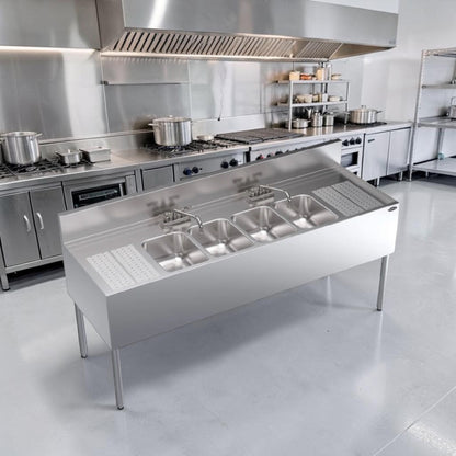 Outstanding Condition – Krowne KR24-64C – Royal Series 72" Four-Compartment Underbar Sink – Dual Drainboards – Stainless Steel – NSF Certified – Ready for Commercial Use!