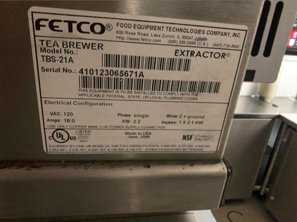 Pristine Condition – FETCO TBS-21A Commercial Tea Brewer – 120V / Single Phase – Fully Tested & Working