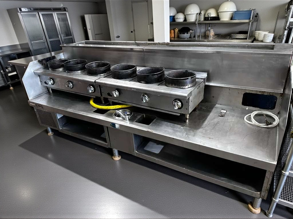 Immaculate Condition – Commercial 6 Burner Wok System – Stainless Steel Wok Cooking Line with Refrigerated Top / Cold Rail – Gas Operation – Fully Tested & Operational!