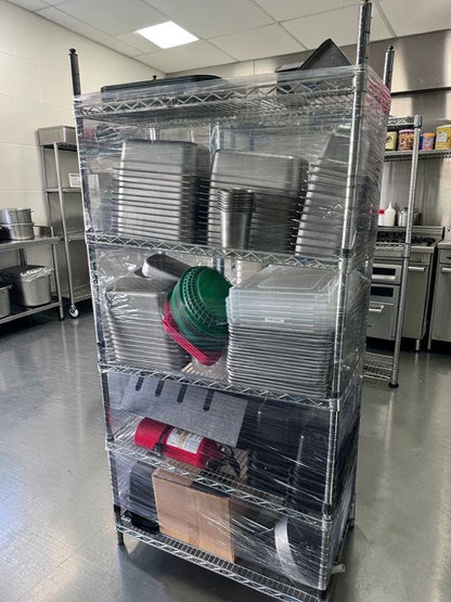 Premium Condition – NSF Chrome Wire Shelving Rack – 4-Tier Commercial Storage Unit w/ Food Pans & Accessories – Heavy-Duty – Fully Inspected!