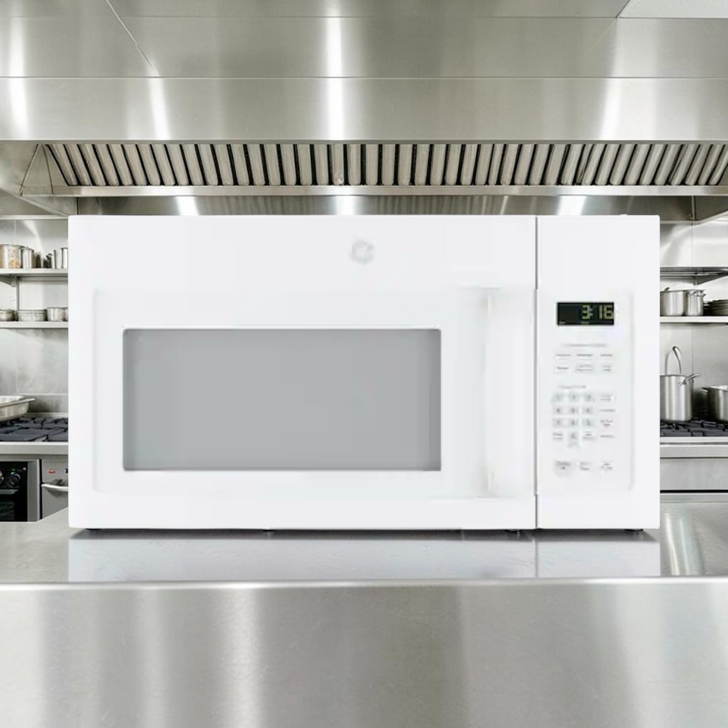 Brand-New Condition – GE JVM3160DF9WW – 1.6 Cu. Ft. Over-the-Range Microwave – 1,000W Cooking Power – 300 CFM Vent – White – 120V