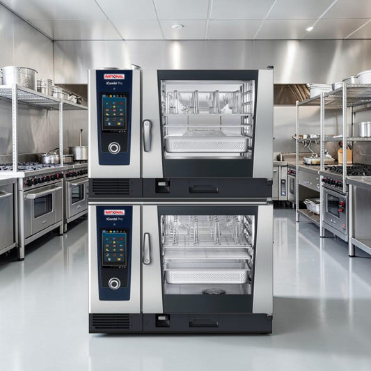 Immaculate Condition – Quantity 2 Rational iCombi Pro 6-Full Size Electric Combi Ovens – Double-Deck Combi-Duo System with Low Stand – 12 Full-Size Sheet Pan Total Capacity – 208/240V, 3 Phase – 45 kW Combined – New!