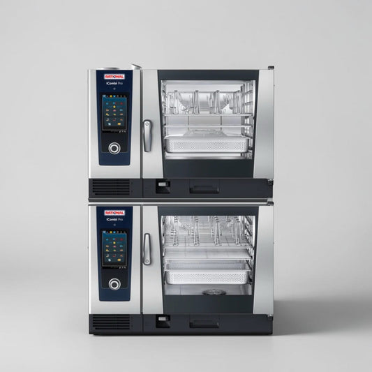 Immaculate Condition – Quantity 2 Rational iCombi Pro 6-Full Size Electric Combi Ovens – Double-Deck Combi-Duo System with Low Stand – 12 Full-Size Sheet Pan Total Capacity – 208/240V, 3 Phase – 45 kW Combined – New!