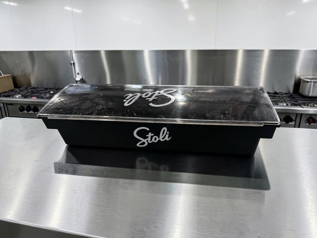 Excellent Condition – Stoli Bar Condiment Caddy – Black Plastic Garnish Tray with Clear Lid – 6-Compartment Bar Organizer – Fully Inspected & Ready for Use!