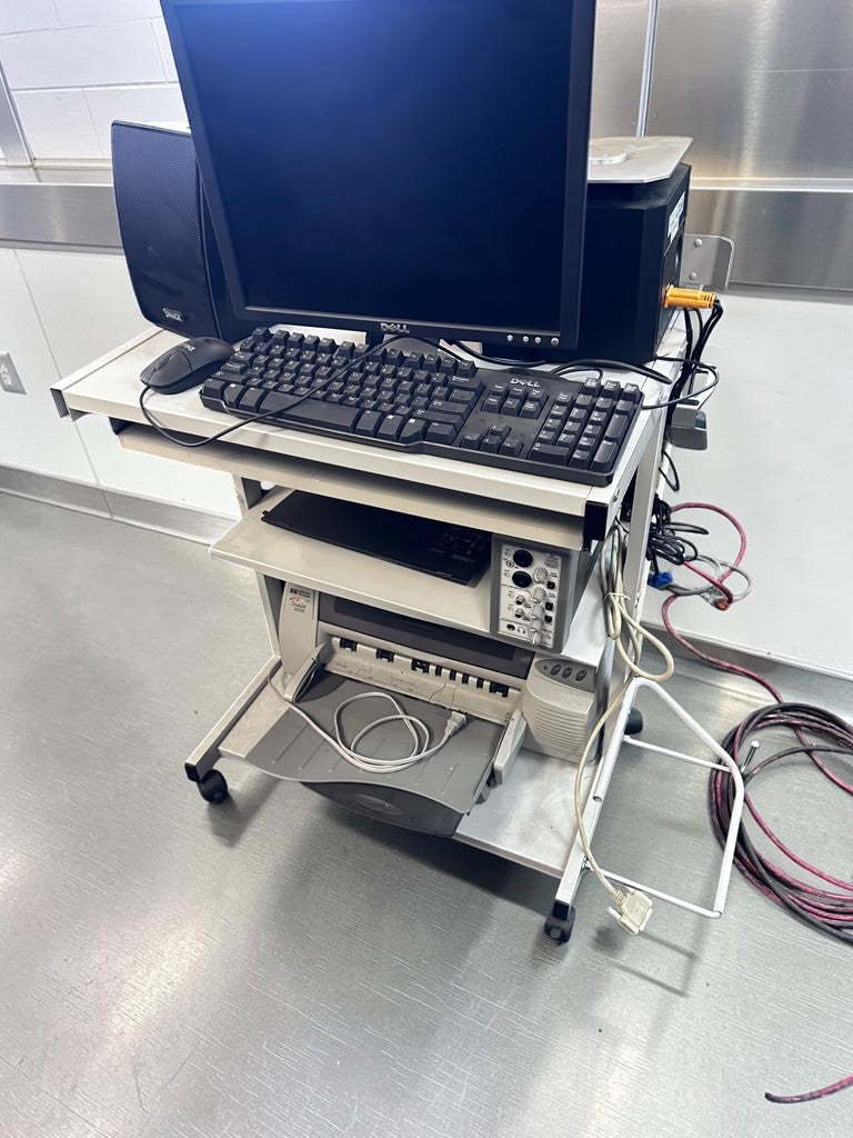 Optimal Condition – Complete Mobile Computer Workstation Bundle – Dell Monitor, Desktop Computer, Keyboard, Mouse, Printer, Speakers & Rolling Equipment Cart – Fully Tested & Operational!